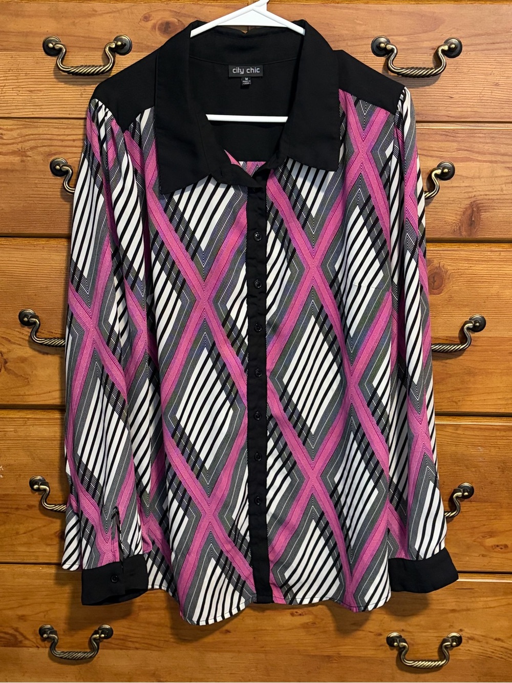City Chic Pink Black White Geometric Button-Down Shirt